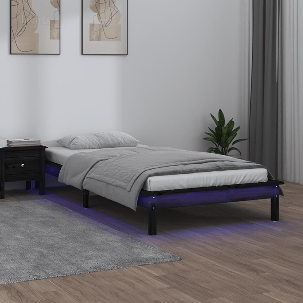 Cadru de pat LED mic single 2FT6, negru, 75x190 cm, lemn masiv