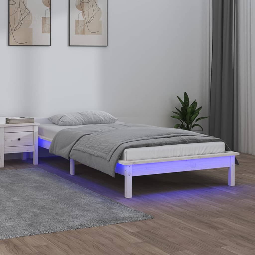 vidaXL Rama ka z LED, biaa, 90x190 cm, pojedyncza, lite drewno