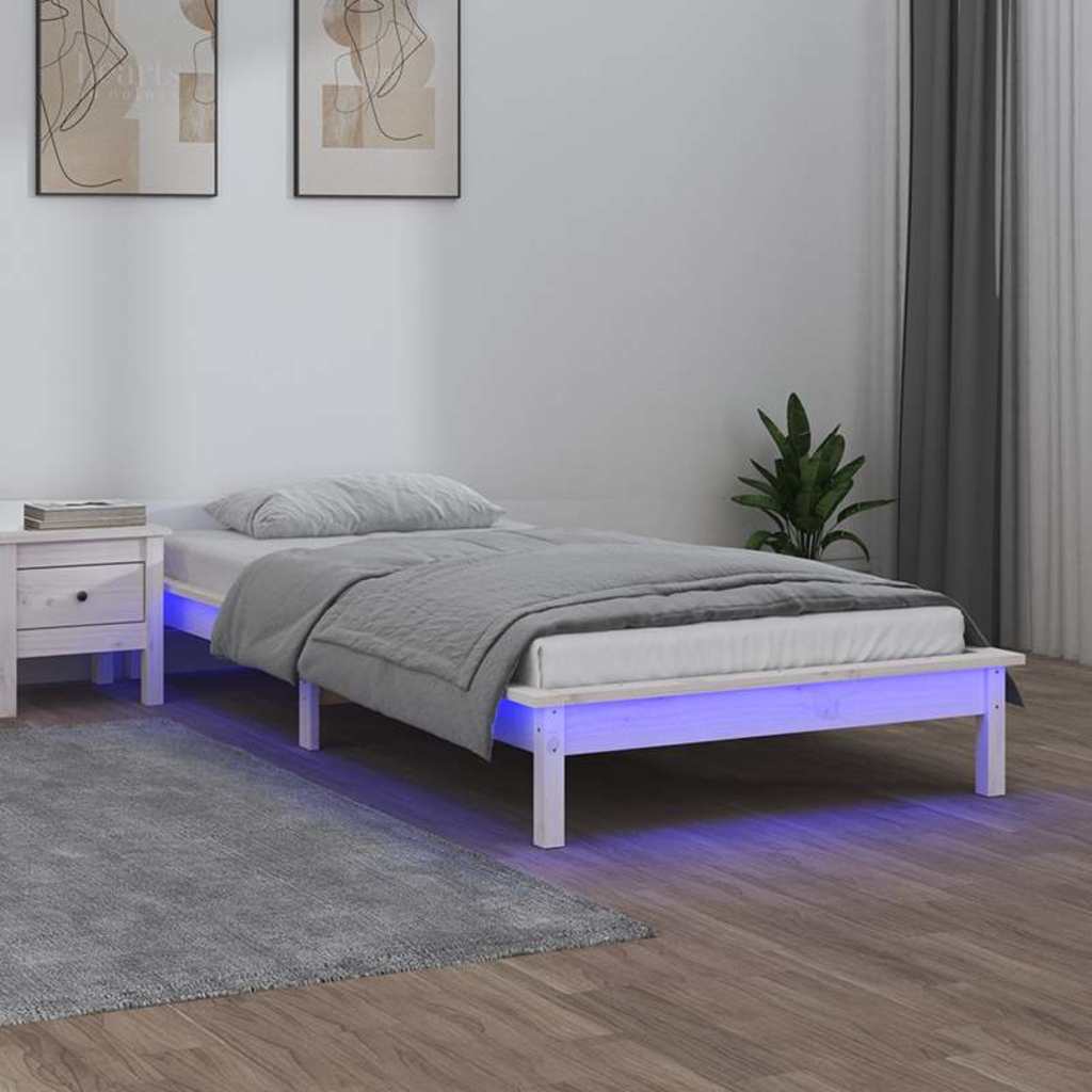 vidaXL Rama ��ka z LED, bia�a, 90x190 cm, pojedyncza, lite drewno