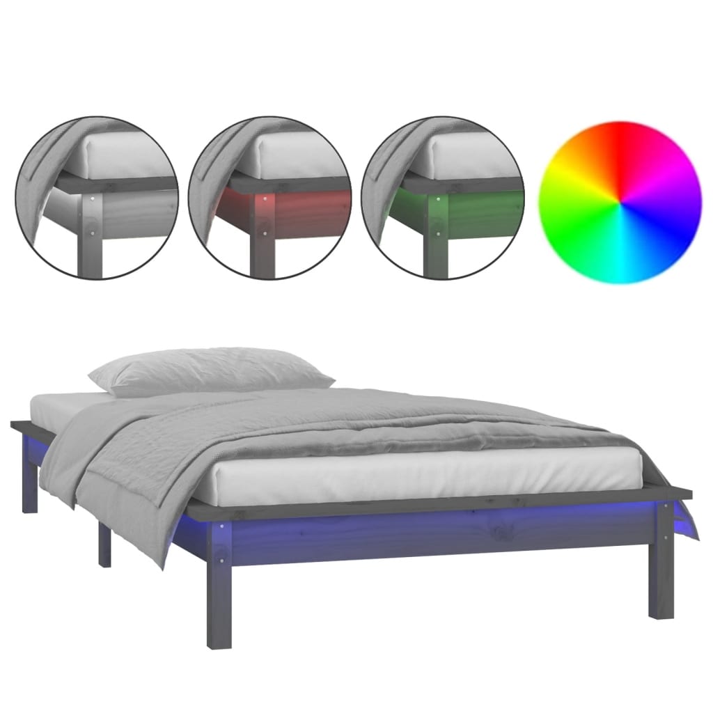 Thumbnail - vidaXL Massivholzbett mit LEDs Grau 90x190 cm