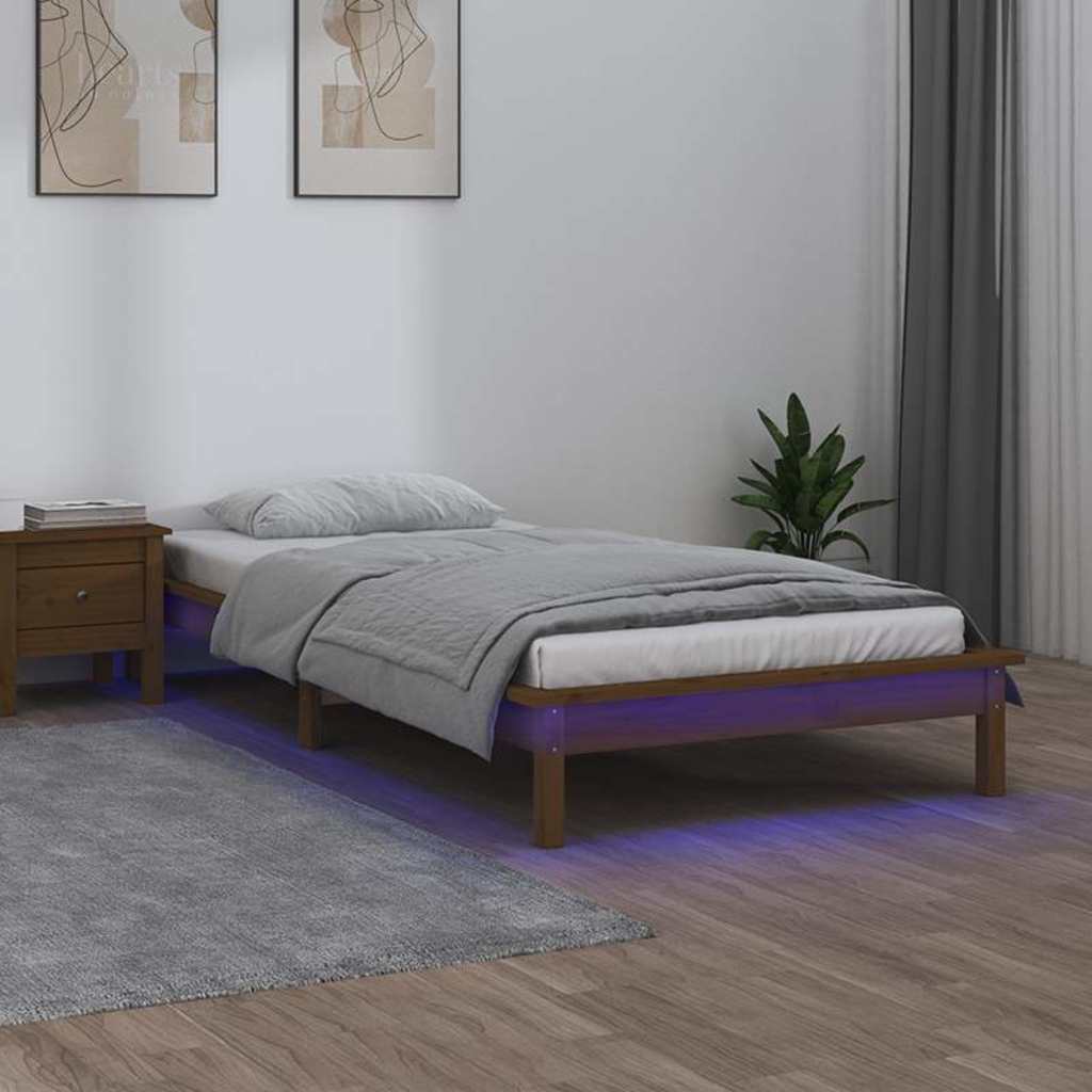 vidaXL Rama ��ka z LED, miodowy br�z, 90x190 cm, lite drewno