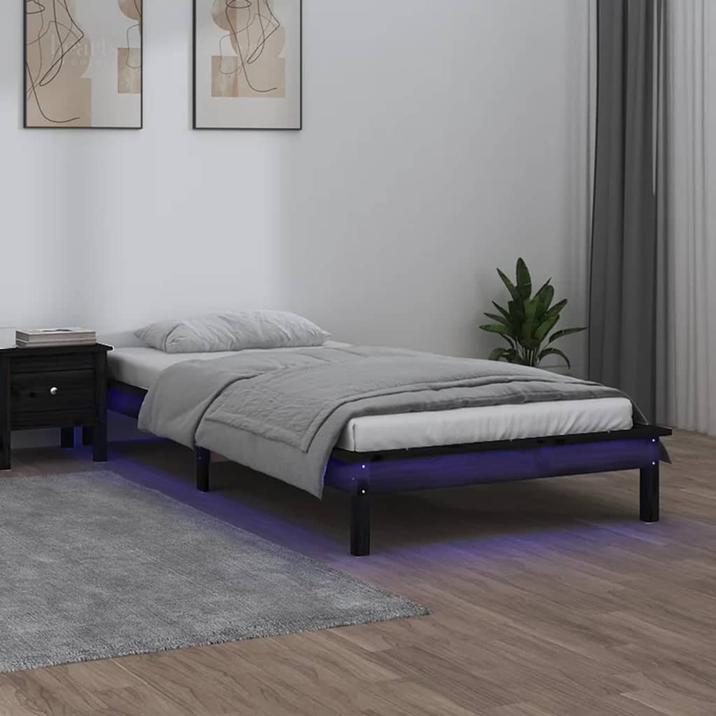 vidaXL Cadru de pat cu LED Single 3FT, negru, 90x190 cm, lemn masiv