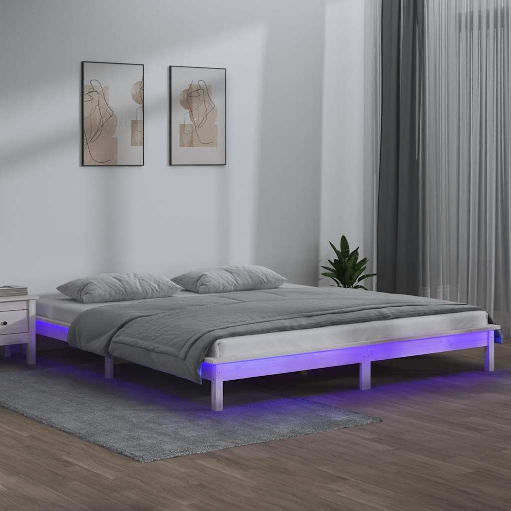 vidaXL Rama ��ka z LED, bia�a, 120x190 cm, podw�jna, lite drewno