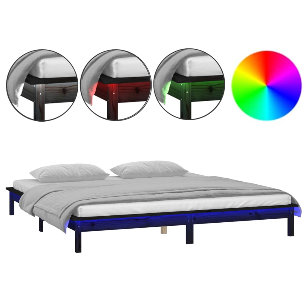 Thumbnail - vidaXL Massivholzbett mit LEDs Schwarz 120x190 cm