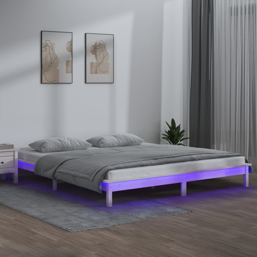 Cadru de pat cu LED, dublu, alb, 135x190 cm, lemn masiv