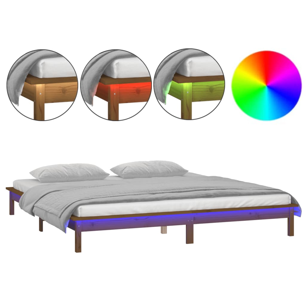 Thumbnail - vidaXL Massivholzbett mit LEDs Honigbraun 140x190 cm