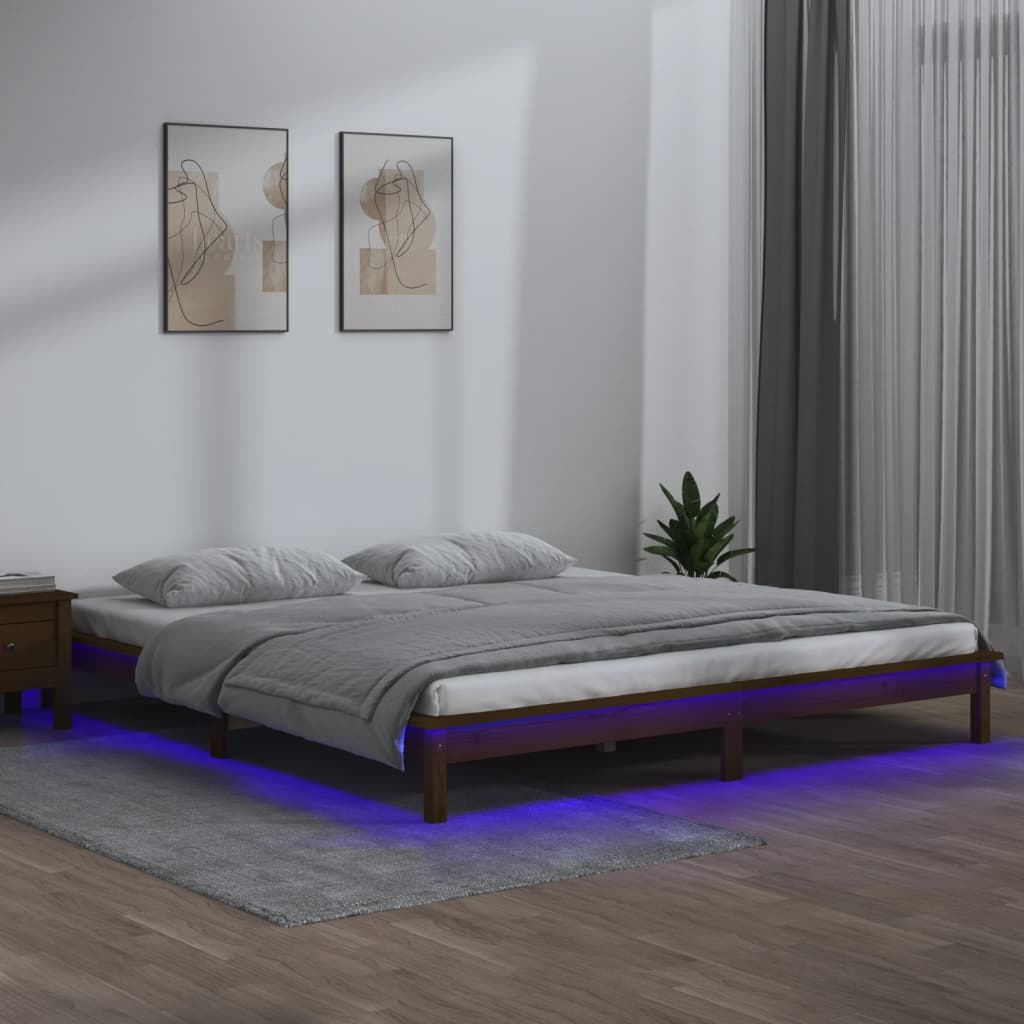 Cadru de pat cu LED, maro miere, 140x190 cm, lemn masiv