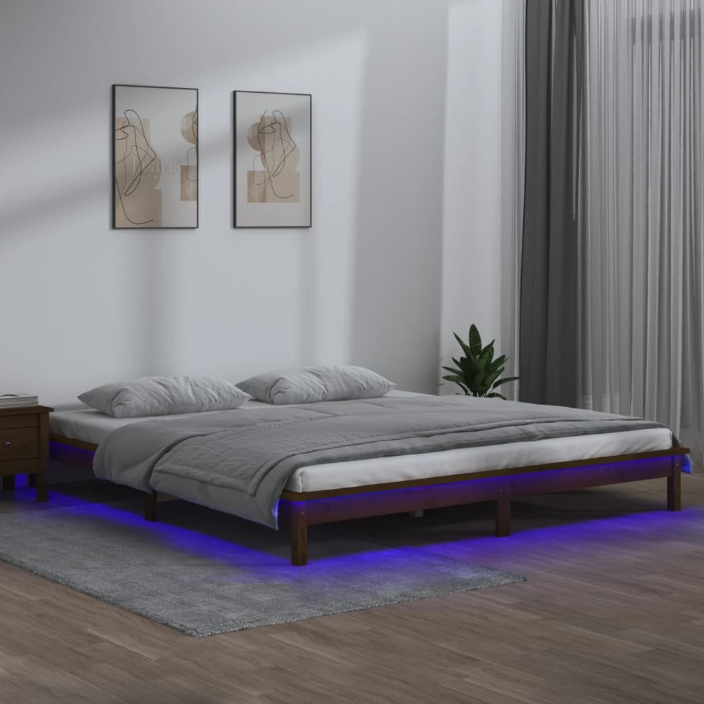 vidaXL Rama ��ka z LED, miodowy br�z, 140x190 cm, lite drewno
