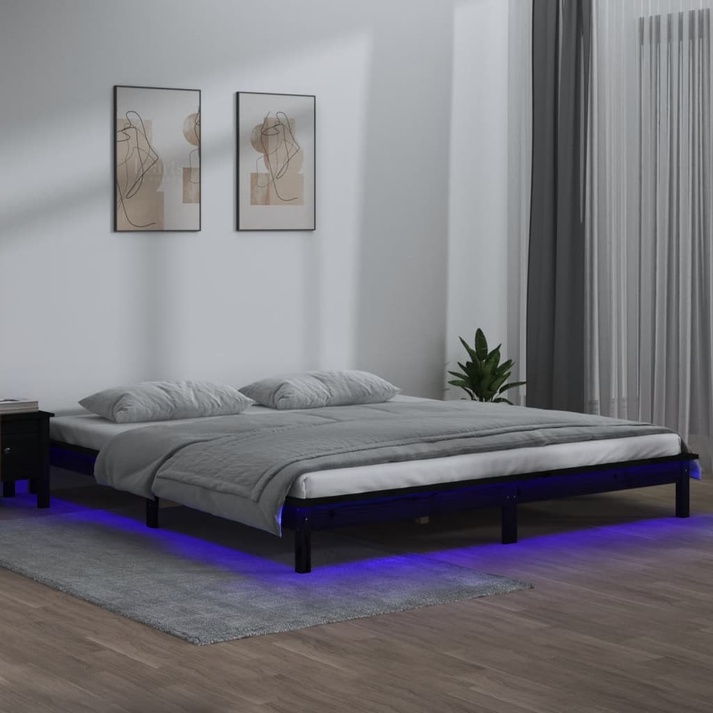 Cadru de pat cu LED, negru, 140x190 cm, lemn masiv