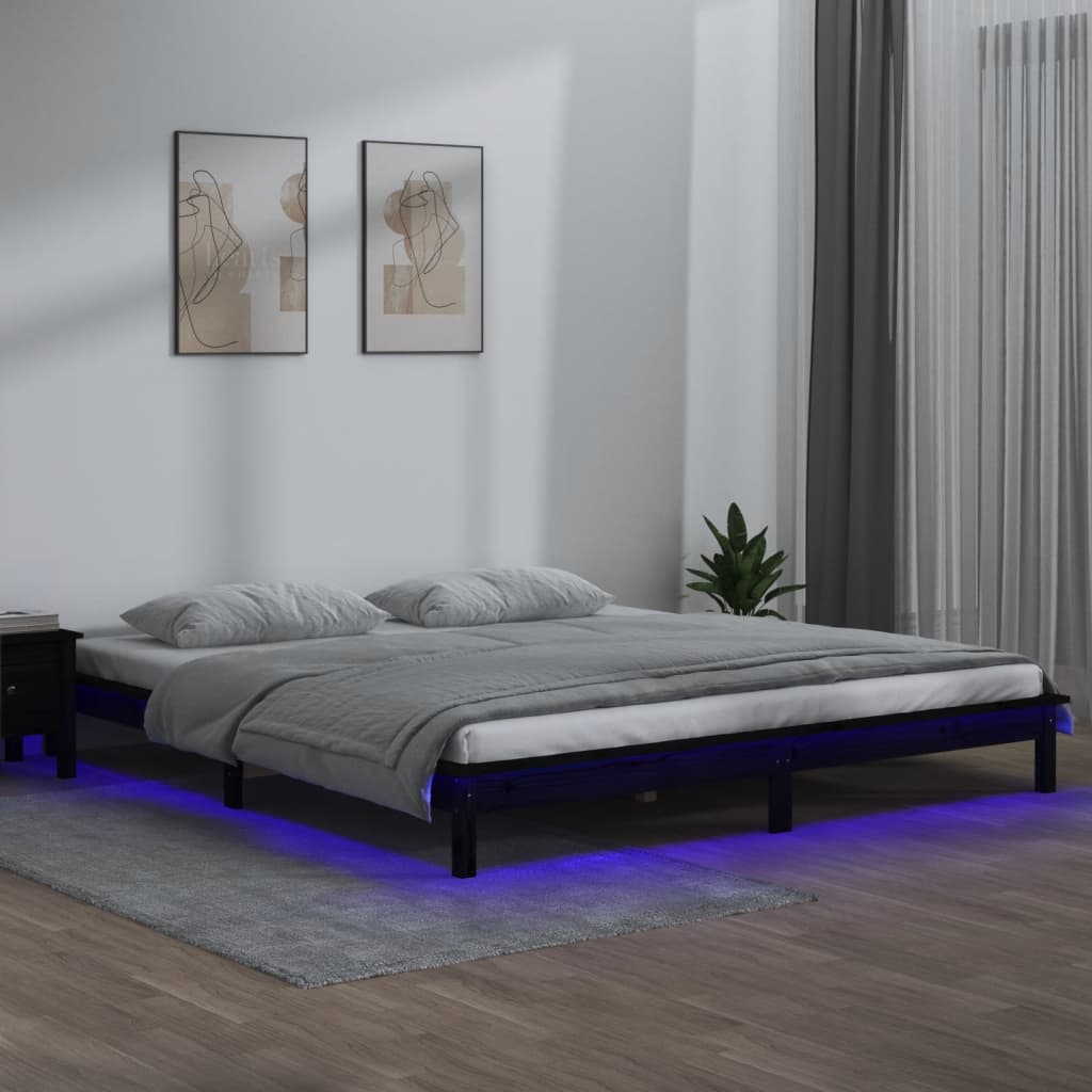 vidaXL Rama ��ka z LED, czarna, 140x190 cm, lite drewno