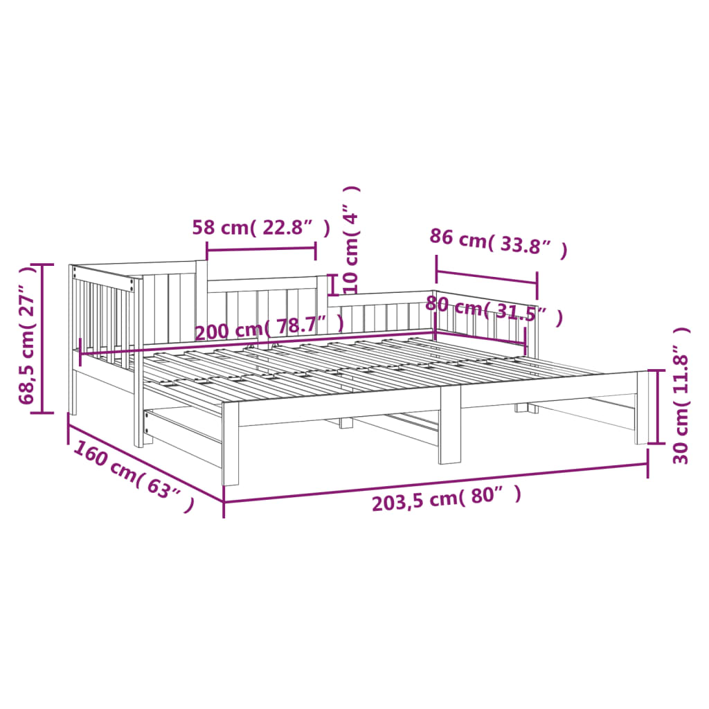 Pat de zi extensibil, gri, 2x(80x200) cm, lemn masiv de pin