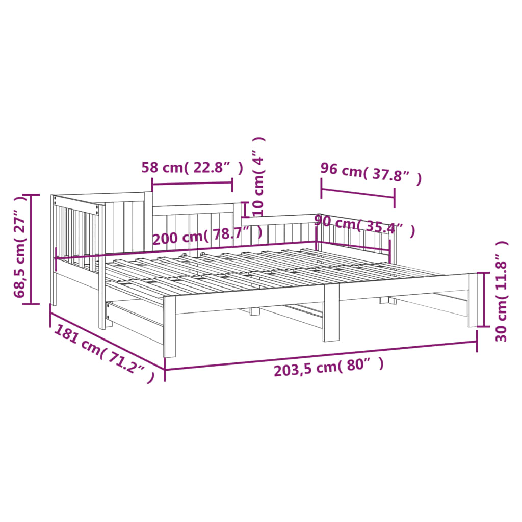 Pat de zi extensibil, 2x(90x200) cm, lemn masiv de pin