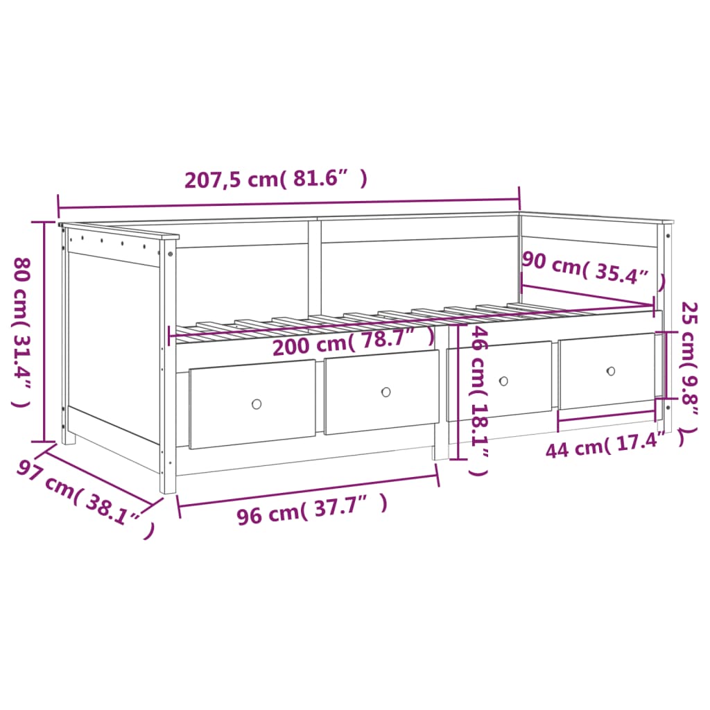 Dnevna postelja črna 90x200 cm trdna borovina - slika 13