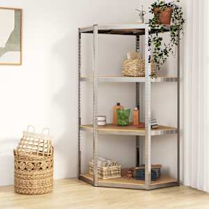 Kotni regal s policami 4-nadstropni srebrno jeklo in inž. les