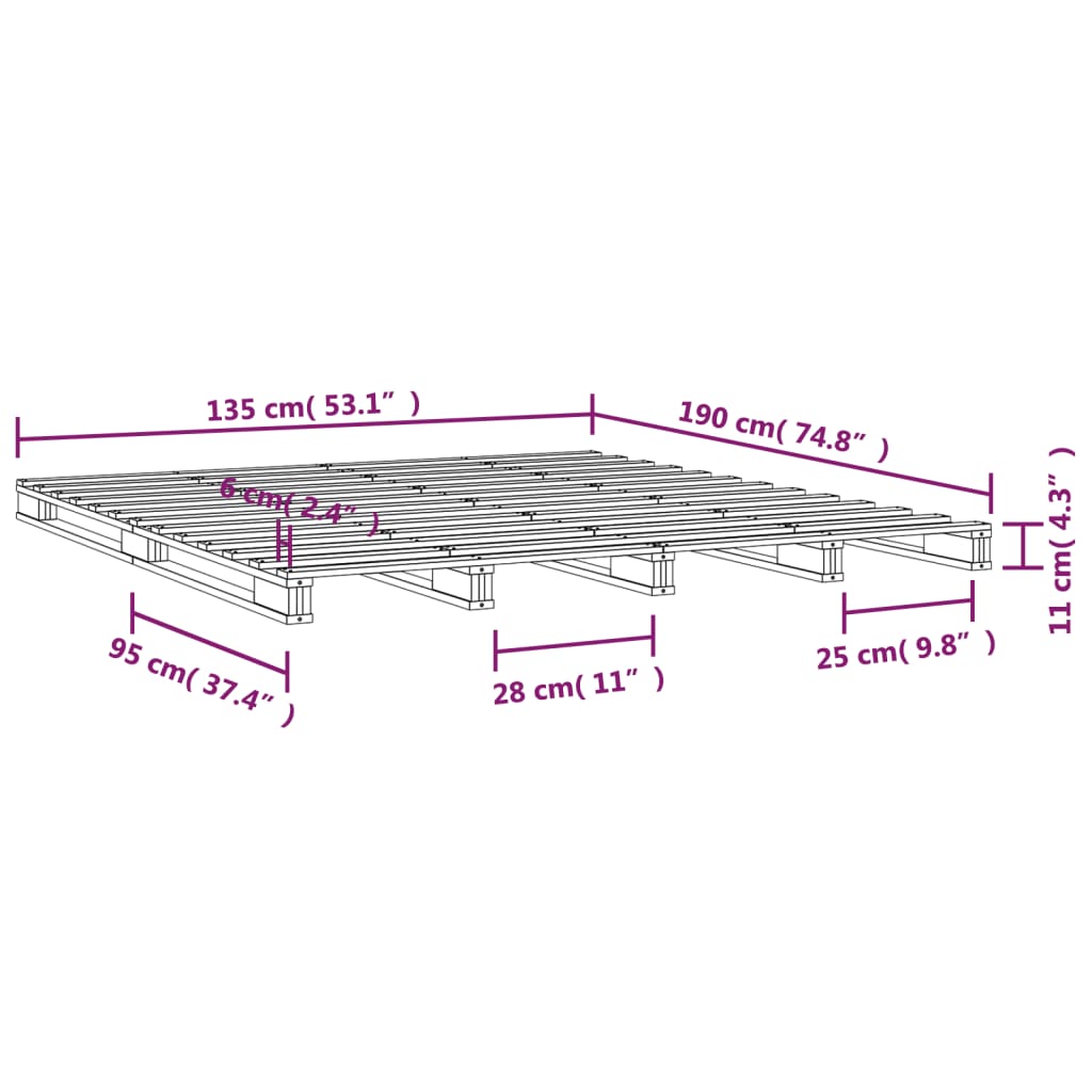 Pat din paleți Double 4FT6, negru, 135x190 cm, lemn masiv pin