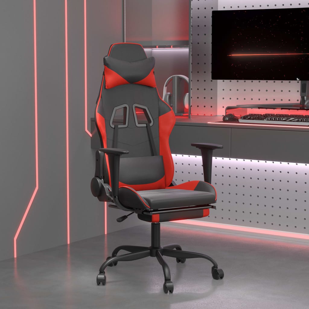 Masážní herní židle s podnožkou černá a červená umělá kůže