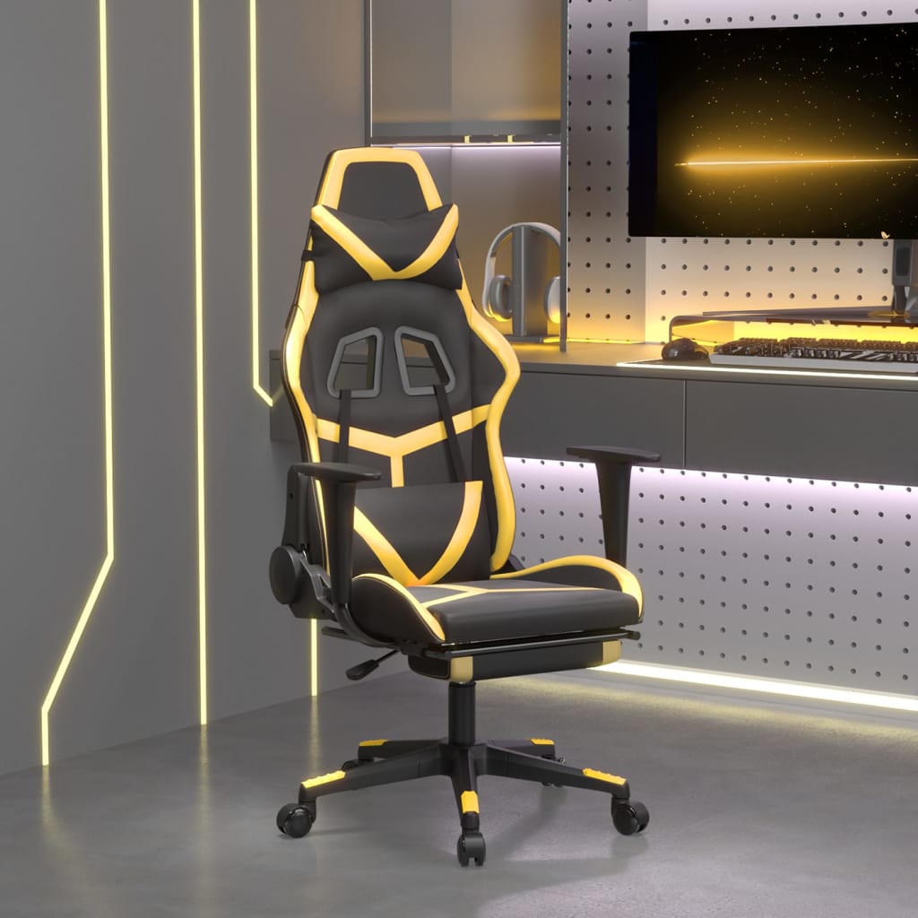 Gaming-Stuhl mit Massage & Fußstütze Schwarz Golden Kunstleder kaufen