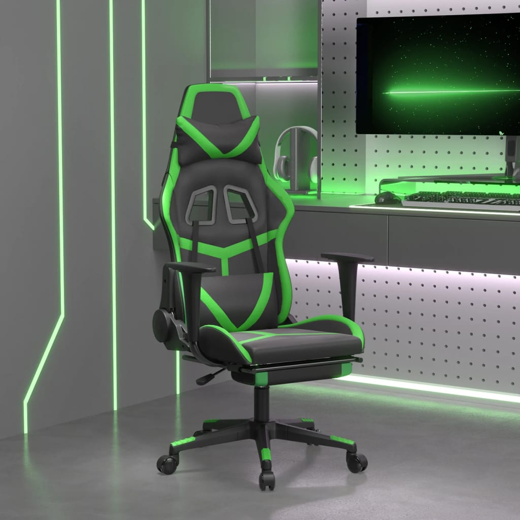 Masážní herní židle s podnožkou černá a zelená umělá kůže