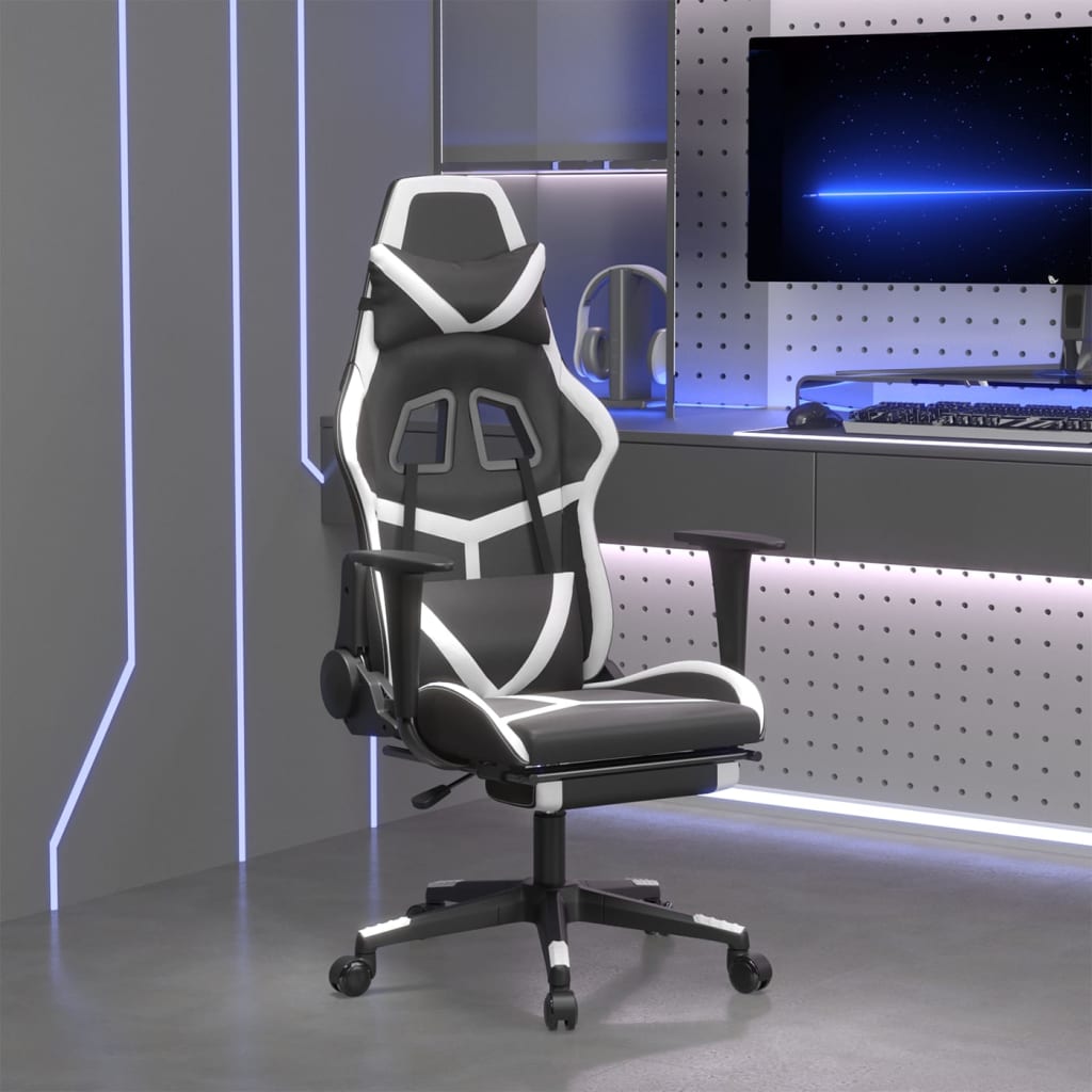 Masážní herní židle s podnožkou černá a bílá umělá kůže