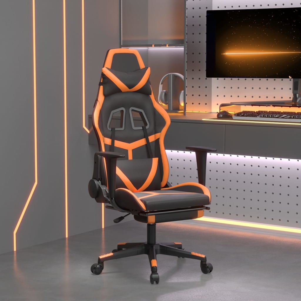 Masážní herní židle s podnožkou černá a oranžová umělá kůže