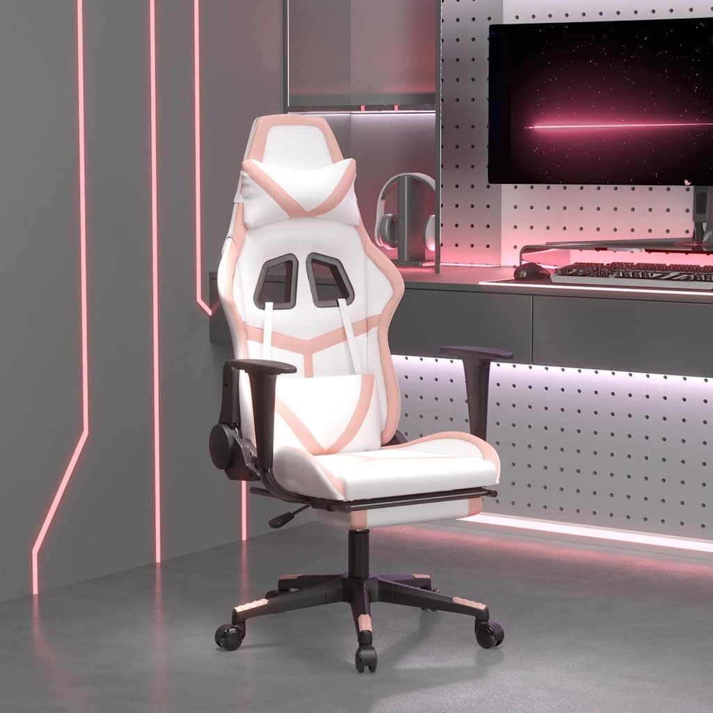 vidaXL Gamingstol med massage och fotst&ouml;d vit och rosa konstl&auml;der