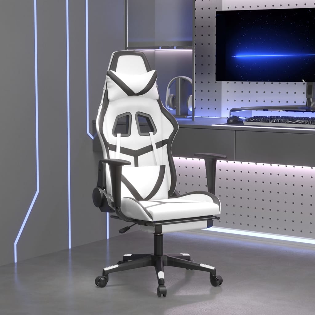 Masážní herní židle s podnožkou bílá a černá umělá kůže