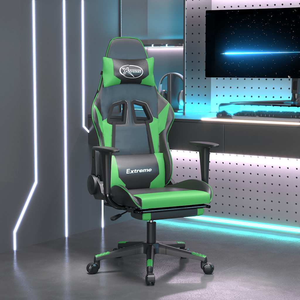 vidaXL Scaun gaming de masaj/suport picioare, negru/verde, piele eco