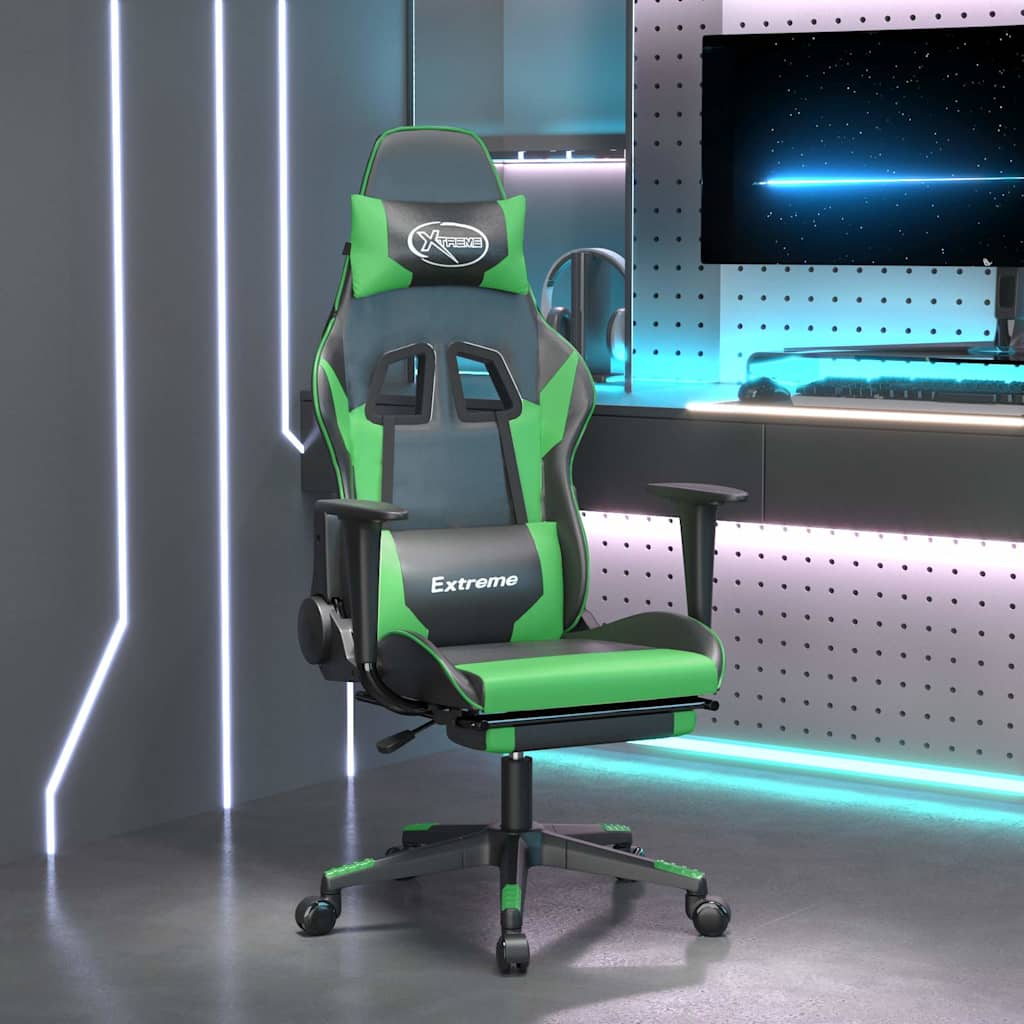 vidaXL Gamingstol med massage och fotst&ouml;d svart och gr&ouml;n konstl&auml;der