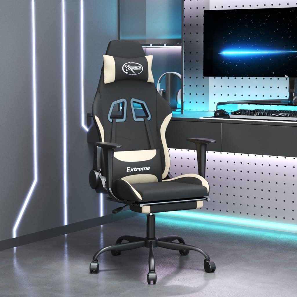 vidaXL Scaun de gaming cu masaj/suport picioare, negru și crem, textil