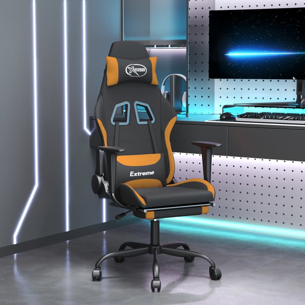 vidaXL Scaun de gaming cu masaj/suport picioare, negru / oranj, textil