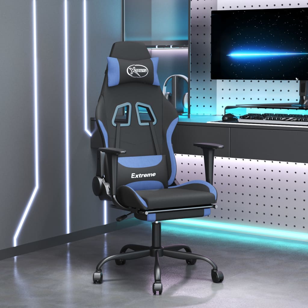 Gaming-Stuhl mit Massage & Fußstütze Schwarz und Blau Stoff-1