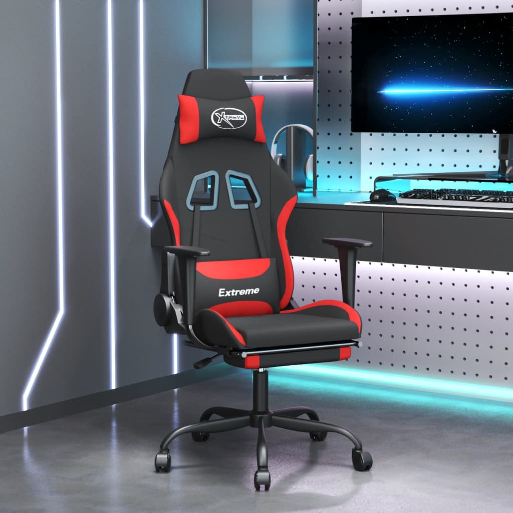 Masážní herní židle s podnožkou černá a červená textil