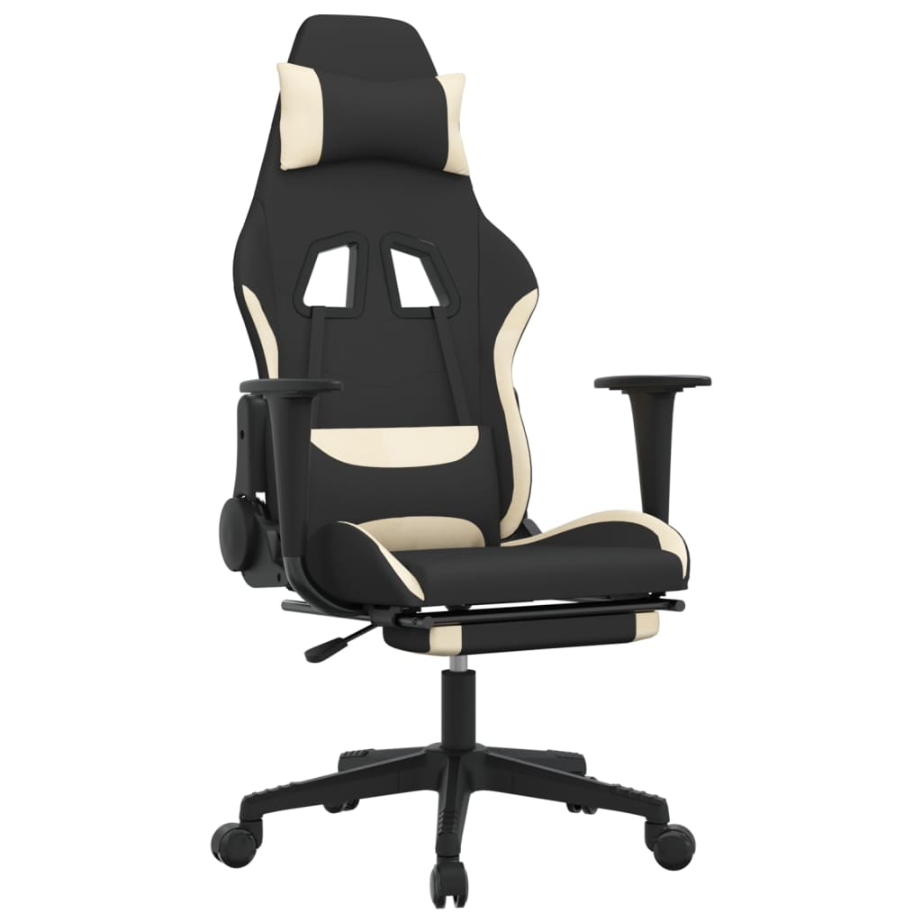 Scaun de gaming cu masaj/suport picioare, negru și crem, textil