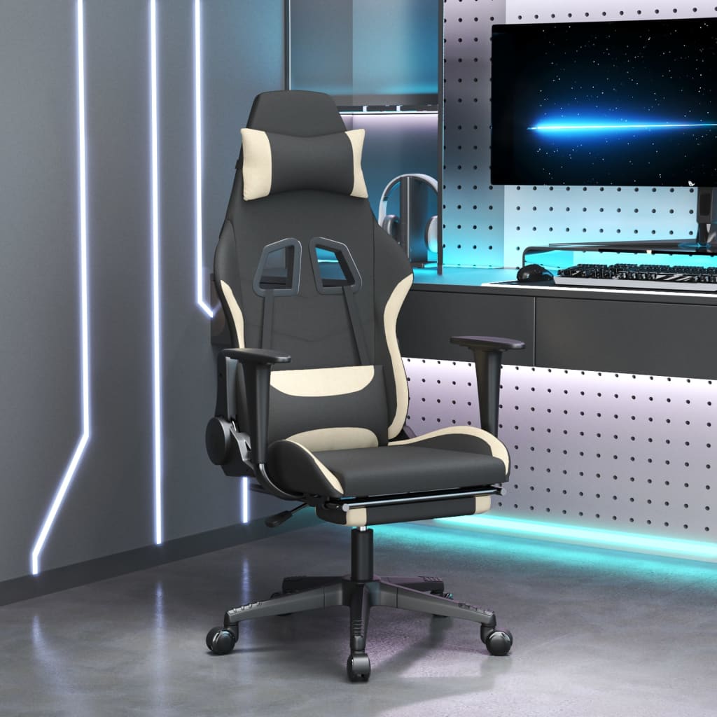 Gaming-Stuhl mit Massage & Fußstütze Schwarz und Creme Stoff-1