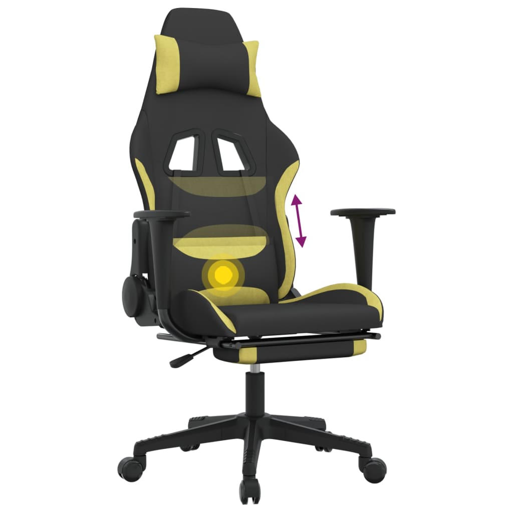 Scaun gaming masaj/suport picioare, negru/verde deschis textil