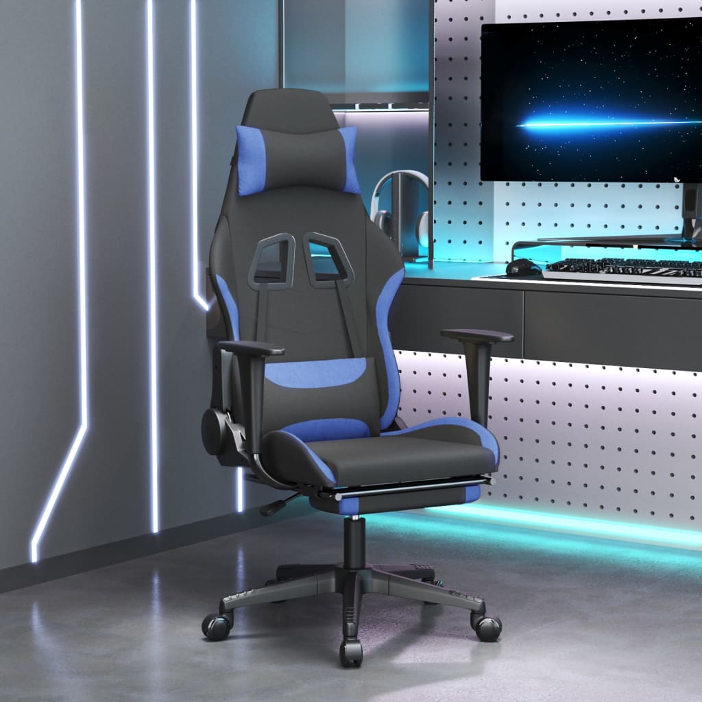 Masážní herní židle s podnožkou černá a modrá textil