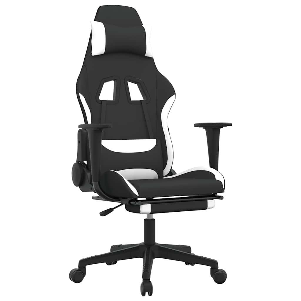 E-shop vidaXL Masážna herná stolička s podnožkou, čierna a biela, látka