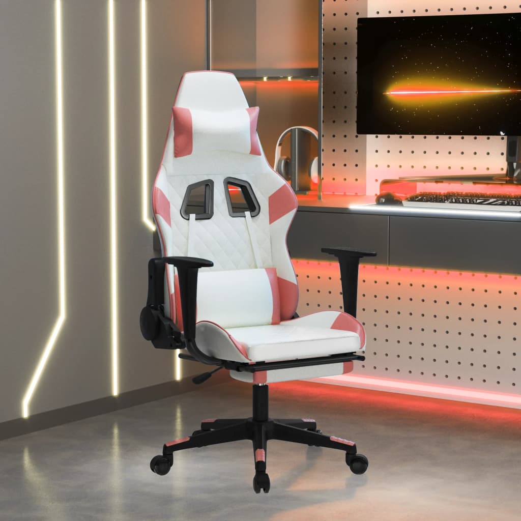 Gaming-Stuhl mit Massage & Fußstütze Weiß & Rosa Kunstleder-1