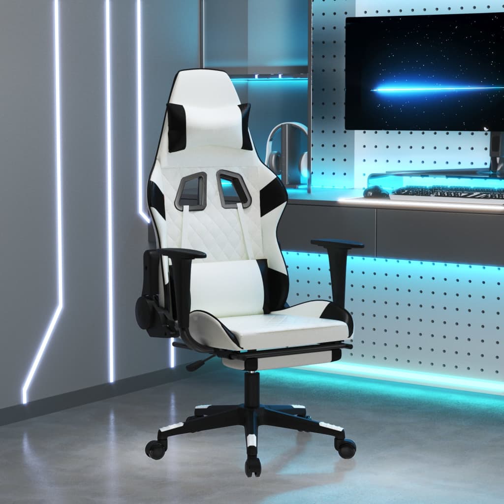 Gaming-Stuhl mit Massage & Fußstütze Weiß & Schwarz Kunstleder-1