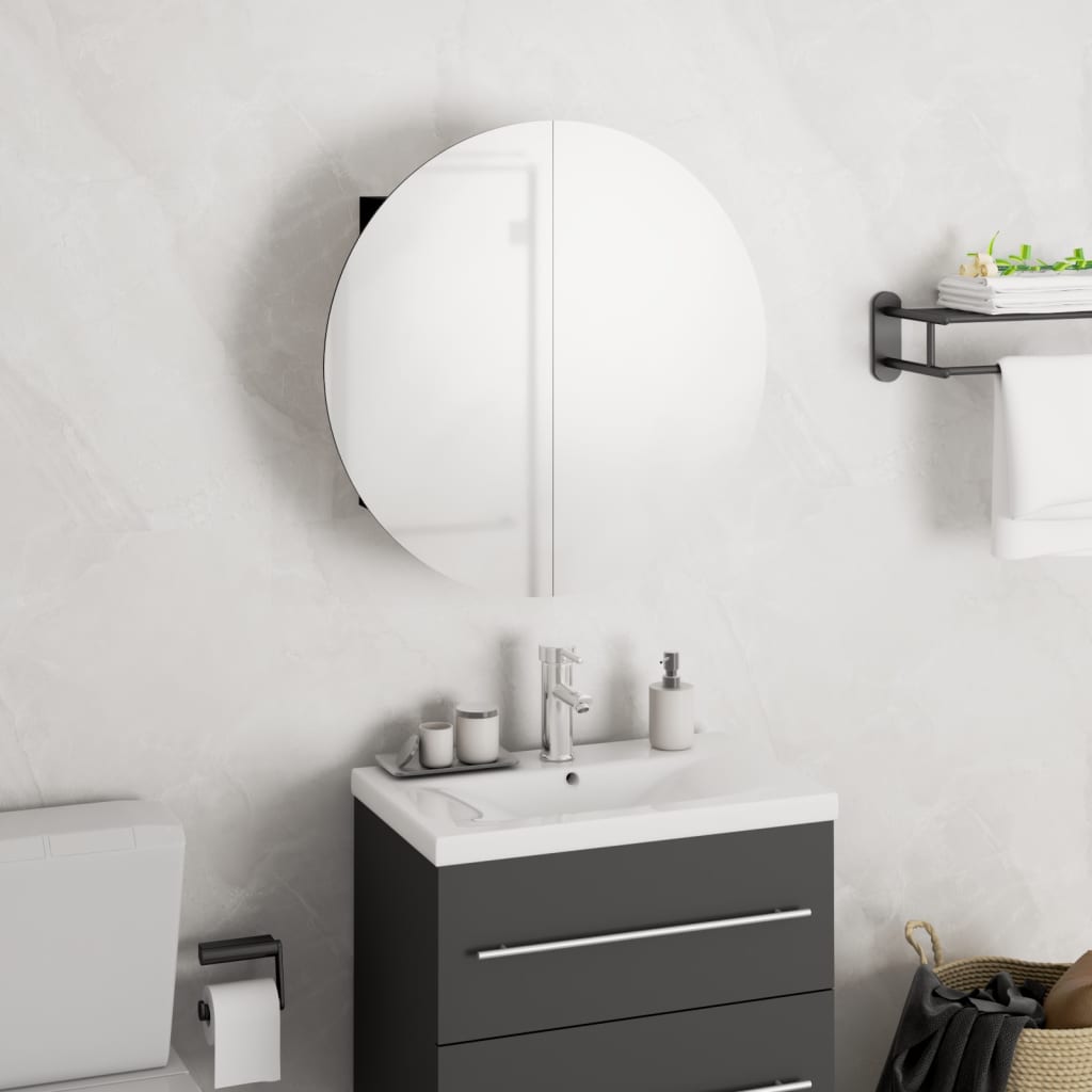 Badezimmerschrank mit Rundem Spiegel & LED Schwarz 40x40x17,5cm | Stepinfit