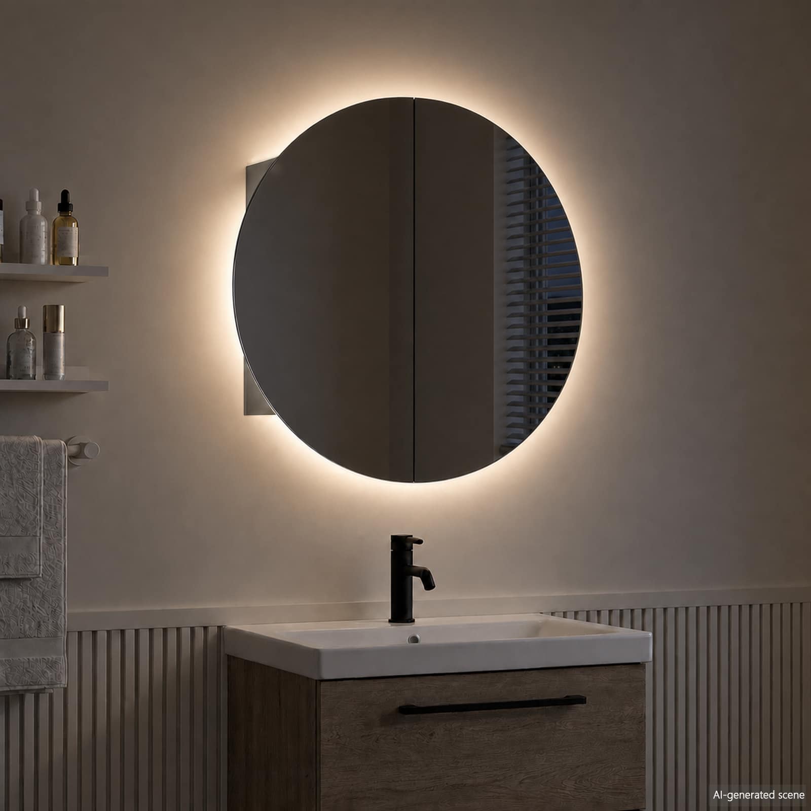 vidaXL Badezimmerschrank mit Rundem Spiegel & LED Grau 40x40x17,5 cm – Bild 6