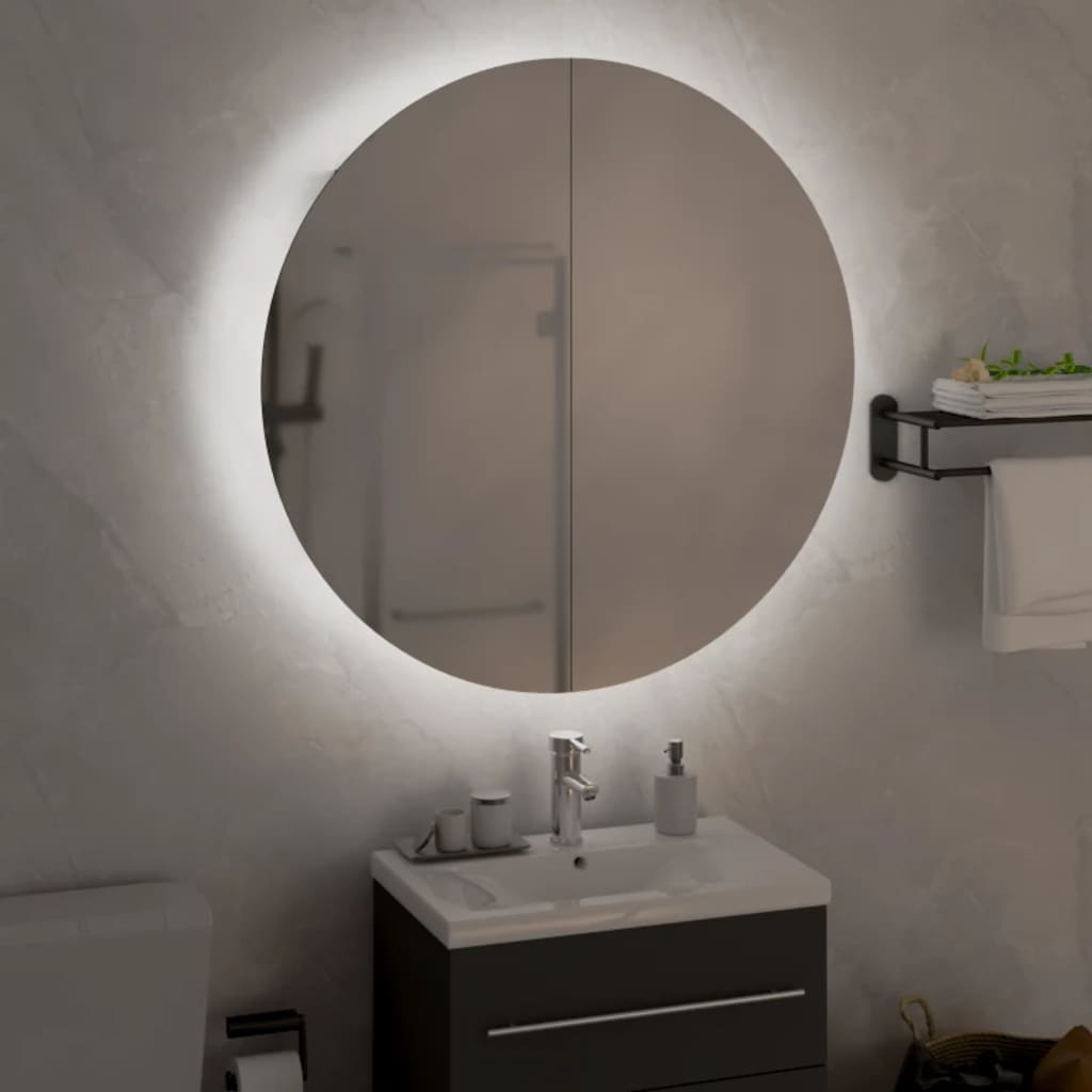  Kúpeľňová skrinka s okrúhlym zrkadlom a LED biela 54x54x17,5 cm