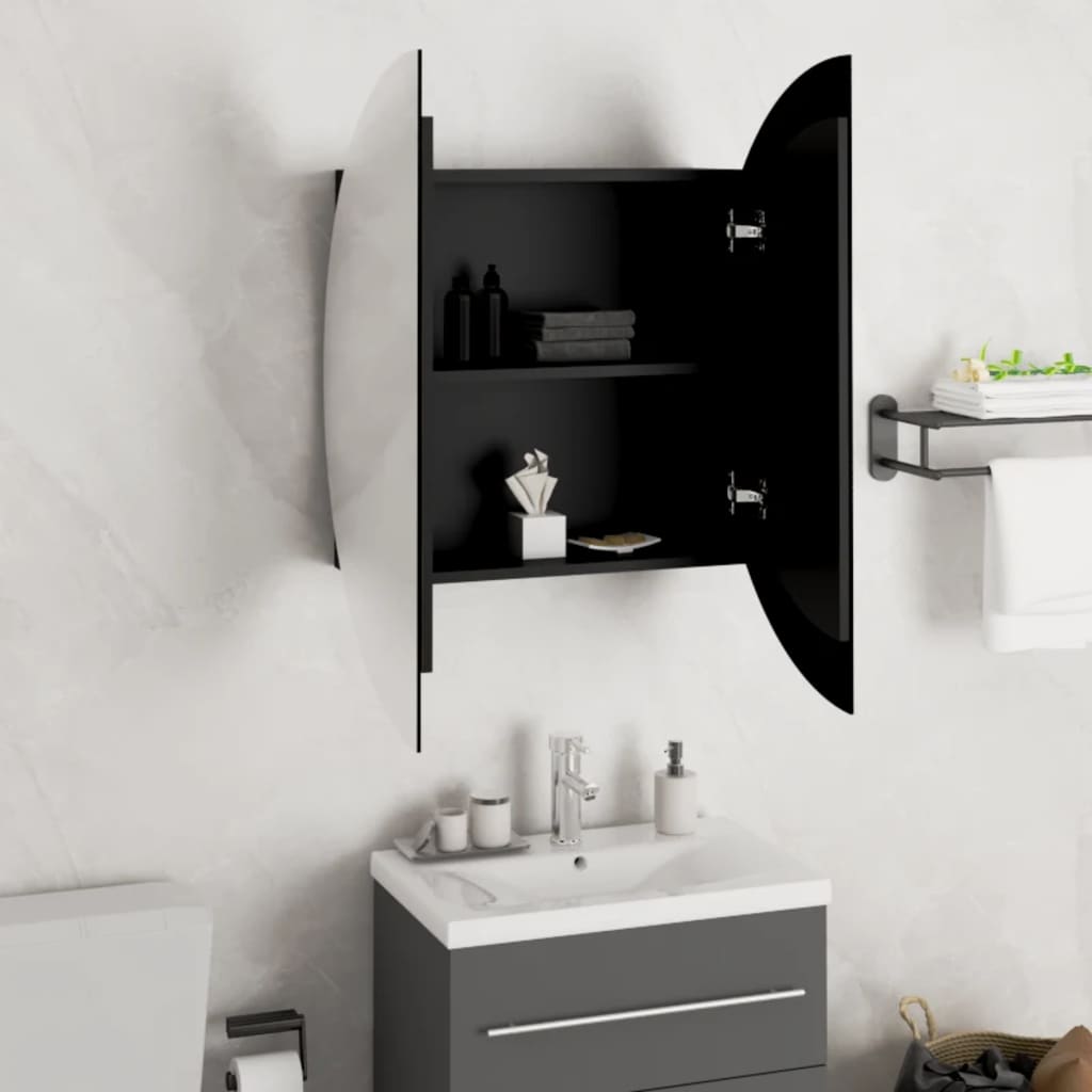 Koupelnová skříňka s kulatým zrcadlem a LED černá 40x40x17,5 cm