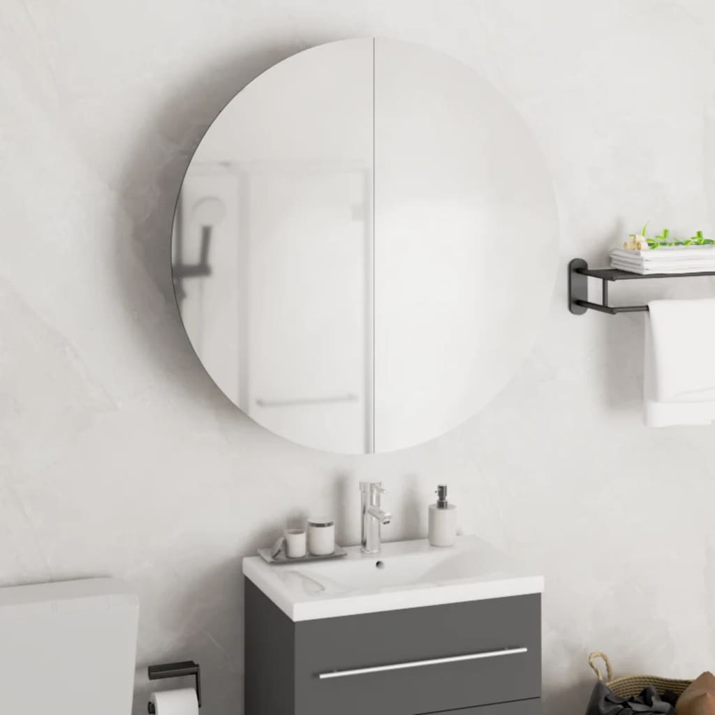  Kúpeľňová skrinka s okrúhlym zrkadlom a LED čierna 54x54x17,5cm