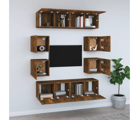 vidaXL TV spintelių komplektas, 8 dalių, dūminio ąžuolo, mediena