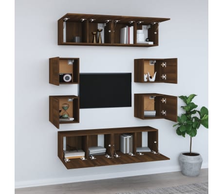 vidaXL TV spintelių komplektas, 8 dalių, rudas ąžuolo, mediena