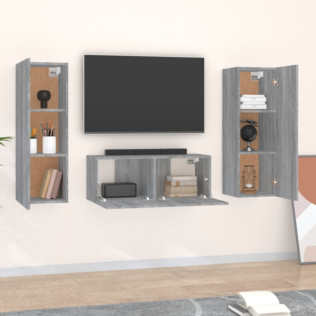 vidaXL 3-delige Tv-meubelset bewerkt hout grijs sonoma eikenkleurig afbeelding