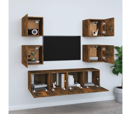 vidaXL TV spintelių komplektas, 6 dalių, dūminio ąžuolo, mediena