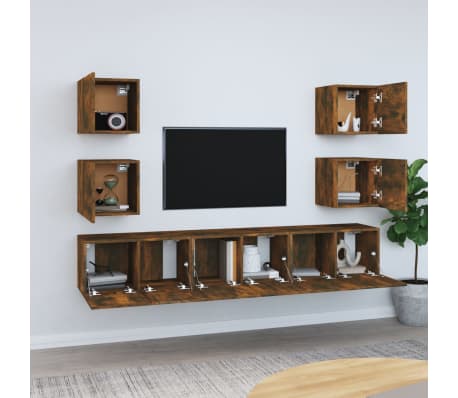 vidaXL TV spintelių komplektas, 7 dalių, dūminio ąžuolo, mediena