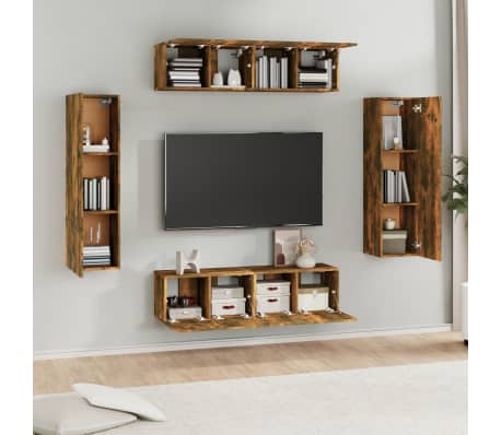 vidaXL Set de muebles de TV 6 pzas madera contrachapada roble ahumado
